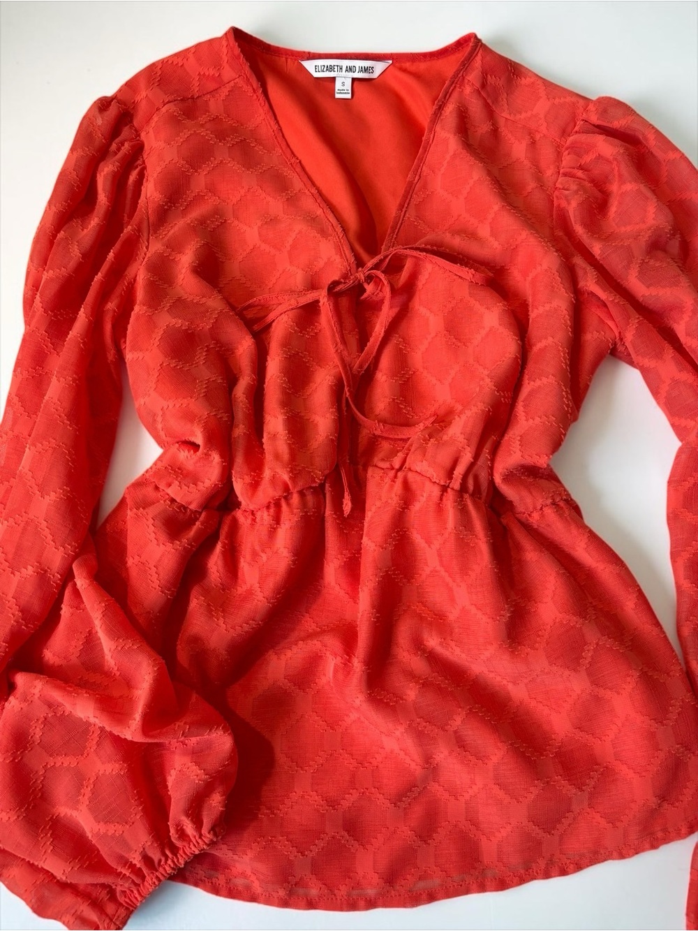 Elizabeth and James Coral Orange Chiffon Puff Sleeve Tie Front Peplum Top S